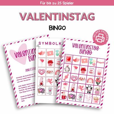 Bingo für Valentinstag Druckvorlage - Valentinstag-Bingo zum Selberdrucken - Bingo für Kinder - Digitaler Download