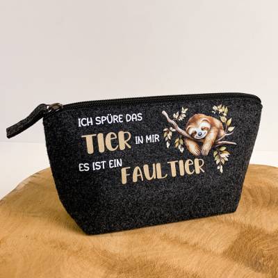 süßes Faultier, lustiger Spruch - Kosmetiktasche aus Filz - kleine Kulturtasche - kleines Geschenk für Freunde 