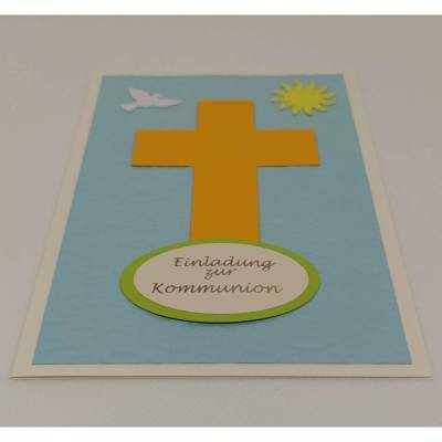 Einladung zur Kommunion DIY-Karte mit Kreuz, Taube, Sonne und geprägten Fischen