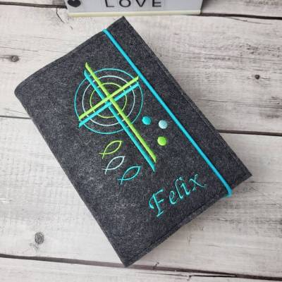 Gotteslobhülle Kreuz und Kreise grün mit türkis, Gotteslobeinband, Kommunion 