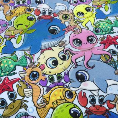Stoff Baumwolle French Terry Sweatshirtstoff Partyanimals Wale Fische Tintenfische Design hellblau bunt Kleiderstoff Kin