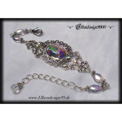 Armband mit irisierenden Strasssteinen als Brautgeschenk, für Brautjunfern, Armschmuck mit großem Cabochon