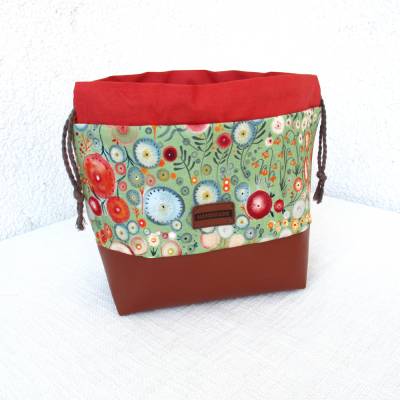 Projekttasche Handarbeitsbeutel Kordelzugbeutel aus Kunstleder und Baumwolle mit Steckfächer