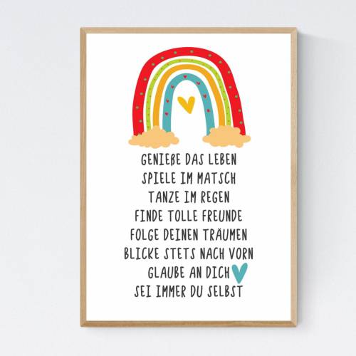 Geschenk zur Geburt Schulanfang Einschulung Wünsche Mutmacher Poster Kinderzimmer Druck Regenbogen rot
