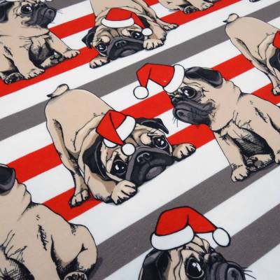 Stoff Baumwolle French Terry Sweatshirtstoff Weihnachten Hunde Mops braun beige rot weiß bunt gestreift Kleiderstoff