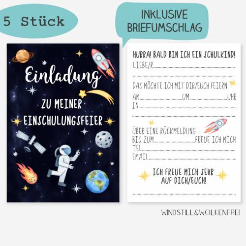 Einladung zur Einschulungsfeier Einschulungsparty Einschulung Schulkind Weltall Astronaut Jungen 5 Stück