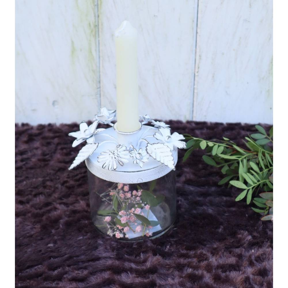 Windlicht Glas mit Deckel Blütendekor Kerzenglas Kerzenhalter