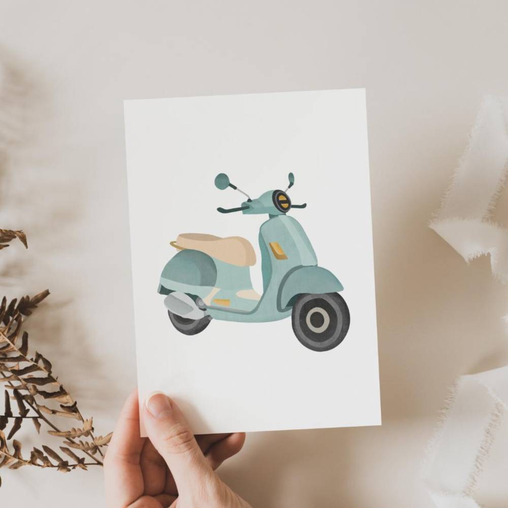 Postkarte Roller Italien Grußkarte A6 Dankeschönkarte - Postkarte Danke sagen - Geschenkidee Danke Vespa Bild 1