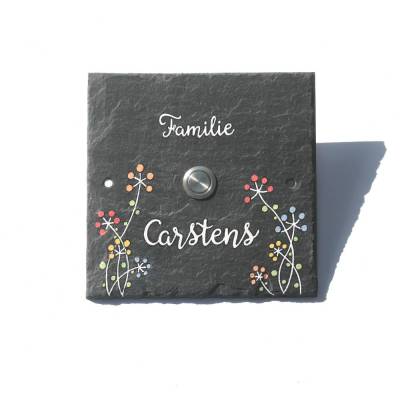 Personalisiertes Klingelschild aus Schiefer mit Blumenmotiv – Handbemaltes Türschild mit Klingeltaster