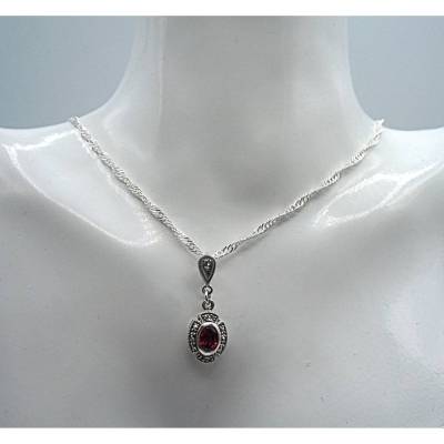 925 Silber Jugendstil Anhänger mit Granat & Markasiten an Kette – Exklusives Schmuckstück