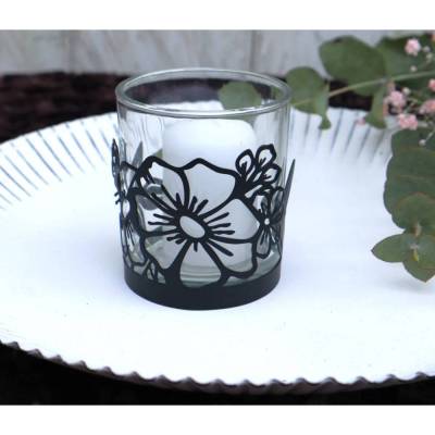 Teelichtglas mit Blüten Dekor Kerzenhalter