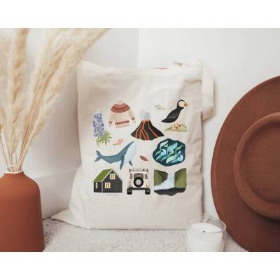 Stofftasche Island Jutebeutel Skandinavien - Bibliothektasche - Geschenk Reise Island Geschenkidee Wasserfall Jutetasche