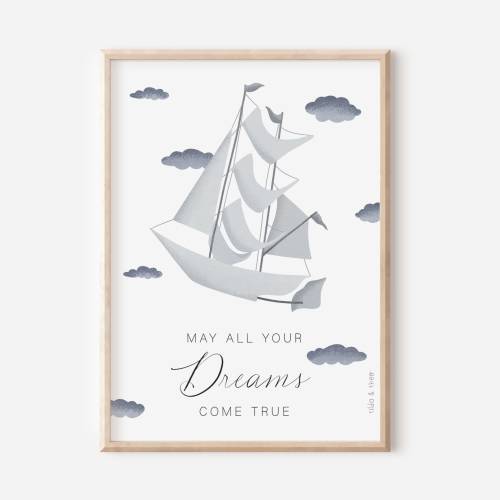 Poster Boot Luftschiff Kunstdruck "May all your dreams come true" - Wanddeko Leseecke - Kinderposter Träumen