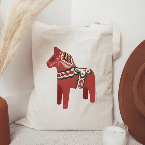 Stofftasche Dalapferd Schweden Jutebeutel - Bibliothektasche Sweden Horse - Geschenk Jutetasche Weihnachten - Geschenk