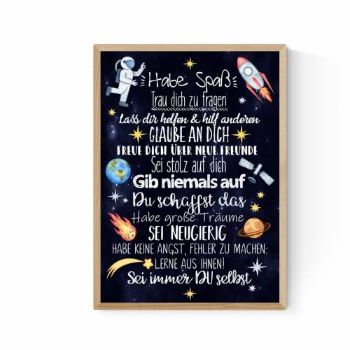 Geschenk zur Einschulung Schulanfang Wünsche Mutmacher Poster Kinderzimmer Druck Astronaut Weltall Jungen Jungs