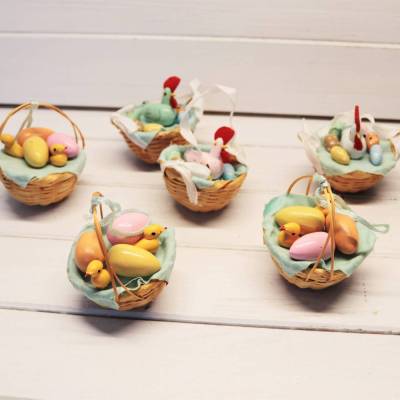 Vintage 80er Osterschmuck 6 Teile Pastell Osterkorb Huhn Eier Holzküken Handbemalt Strauchschmuck