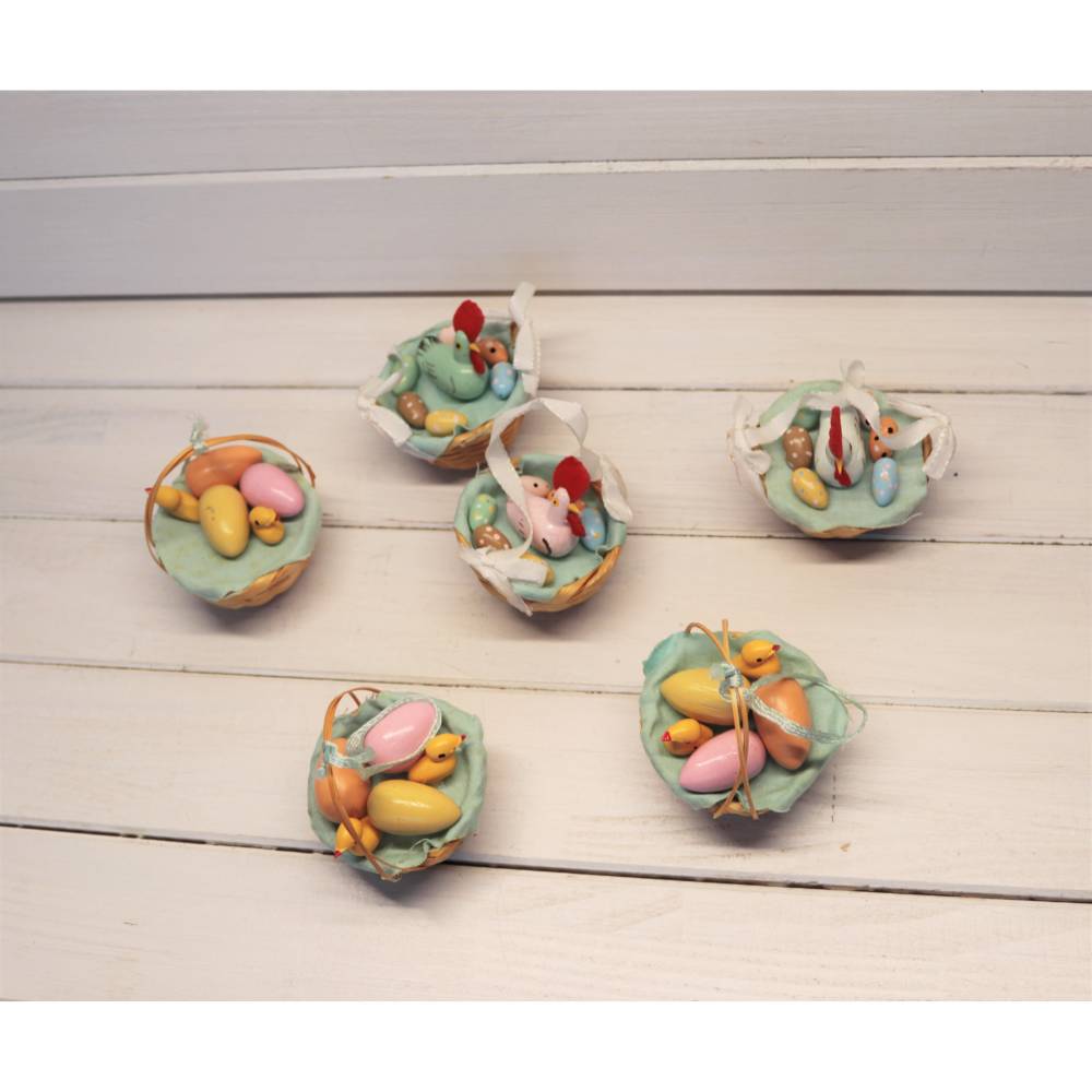 Vintage 80er Osterschmuck 6 Teile Pastell Osterkorb Huhn Eier Holzküken Handbemalt Strauchschmuck Bild 2