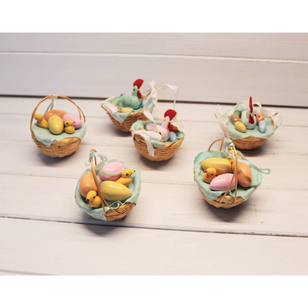 Vintage 80er Osterschmuck 6 Teile Pastell Osterkorb Huhn Eier Holzküken Handbemalt Strauchschmuck Bild 8