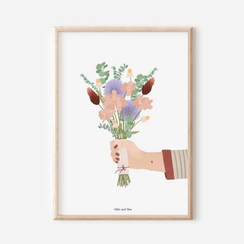 Poster Blumenstrauß Poster Hand mit Blumenstrauß - Kunstdruck Blumen - Geschenk zum Einzug