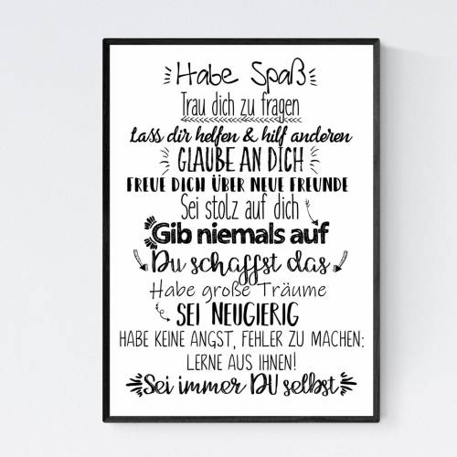 Geschenk zur Einschulung Schulanfang Wünsche Mutmacher Poster Kinderzimmer Druck schwarz weiß