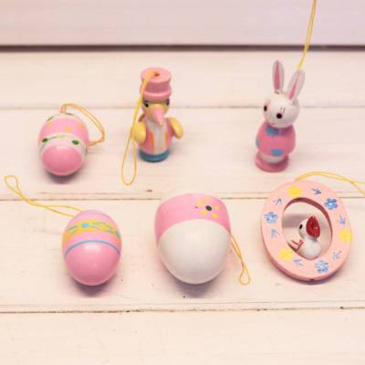 Osterschmuck Osterdeko Set 6 Stück Holz Osterei Rosa Pastell Holzhase Osterstrauch Dekoration Handbemalt Eier