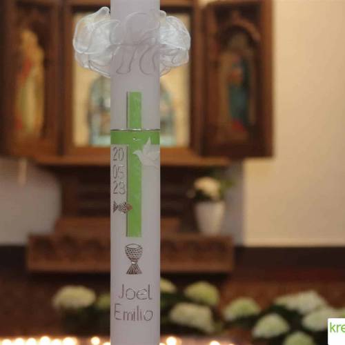Kommunionkerze Kreuz grün-silber mit Taube, Fisch und Kelch, handverziert, Kommunionkerze Jungen und Mädchen, personalis