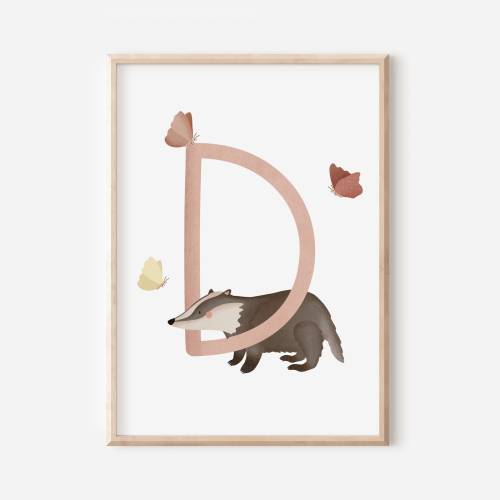 Buchstabenposter D wie Dachs - WALD ABC Buchstabenposter D - Geburtsposter für Kinder - Namensposter Kinderzimmer
