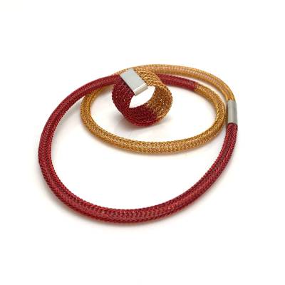 BICOLOR SET - dünne hand gestrickte Schlauchkette und Ring aus rotem und orangefarbenem Kupferdraht - einzeln ab