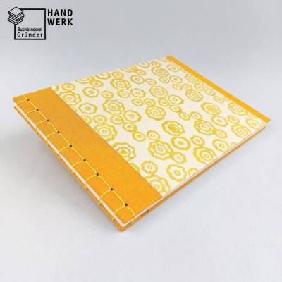 Japanbindung, orange gelb Blumen, 18 x 25 cm, handgefertigt, Notizbuch