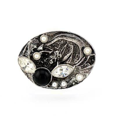 Silberfarbige Vintage Brosche oval leicht geschwärzt mit Kunststeine schwarz und durchsichtig Hergestellt in Deutschland