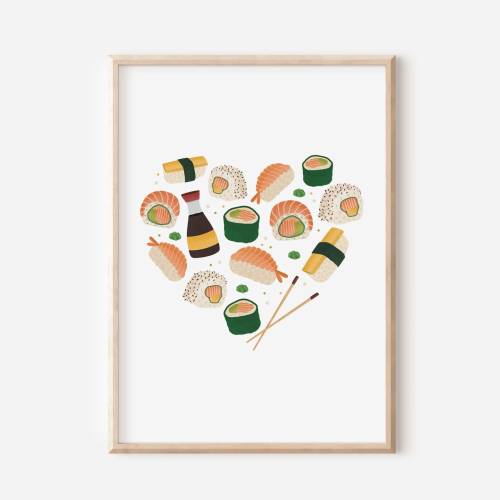 Poster Sushi Herz Geschenkidee Einzug - Geschenk Sushi-Liebhaber - Poster Küche - Sushi Kunstdruck