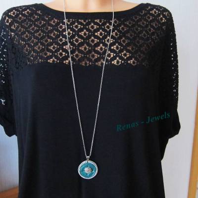 Kette lang mit Anhänger grün silberfarben Upcycling
