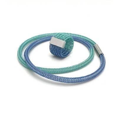 BICOLOR SET - dünne hand gestrickte Schlauchkette und Ring aus eis- und hellblauem Kupferdraht - einzeln ab