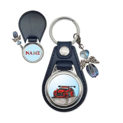 Metall Kunstleder Schlüsselanhänger mit Name und Auto Motiv | abnehmbarer Schutzengel in 3 Farben zur Auswahl