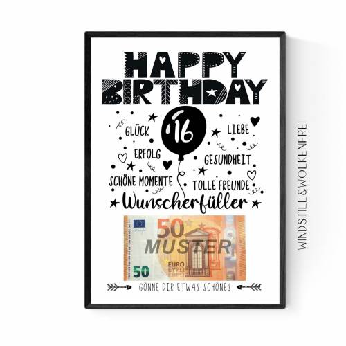 Geschenk für Sohn | Tochter | zum 16.Geburtstag | Geldgeschenk | Poster Sechzehn Deko