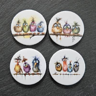 Lustige Vögel u.a. als Button, Kleidungsmagnet, Kühlschrankmagnet, Glasmarkierer, Taschenspiegel, Flaschenöffner