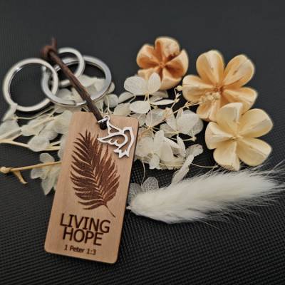  Christlicher Schlüsselanhänger "Living Hope" aus Holz - Einzigartig & handgefertigt