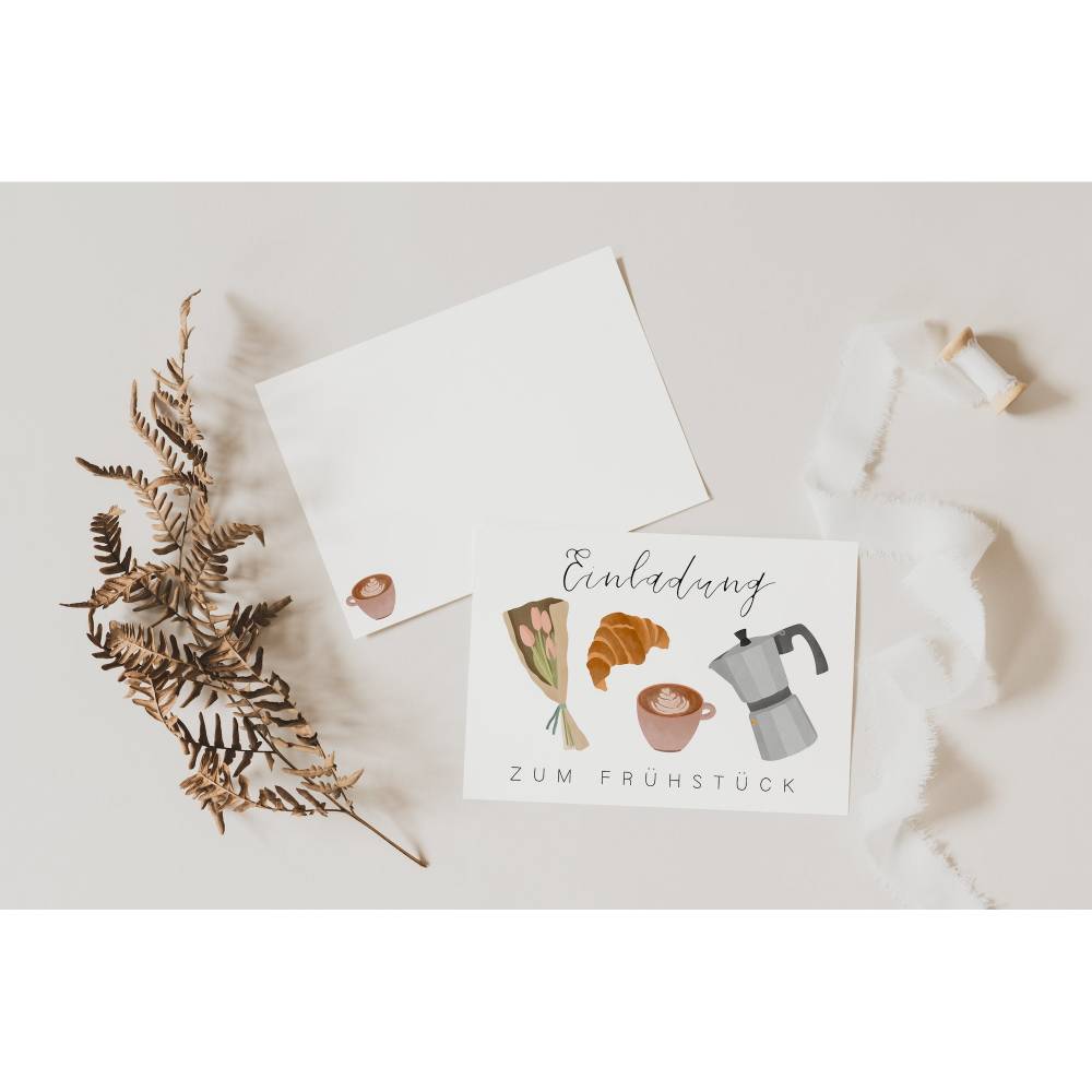 Einladung zum Frühstück Postkarte A6 Gutschein Frühstück - Einladungskarte Freundin - Geschenkidee beste Freundin - Gesc Bild 1