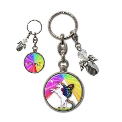 Metall Schlüsselanhänger mit Name und Einhorn Motiv | abnehmbarer Schutzengel in 3 Farben zur Auswahl