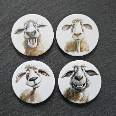 Verrückte Schafe (2) u.a. als Buttons, Kühlschrankmagnete, Glasmarkierer, Spiegel, Flaschenöffner & Lesezeichen