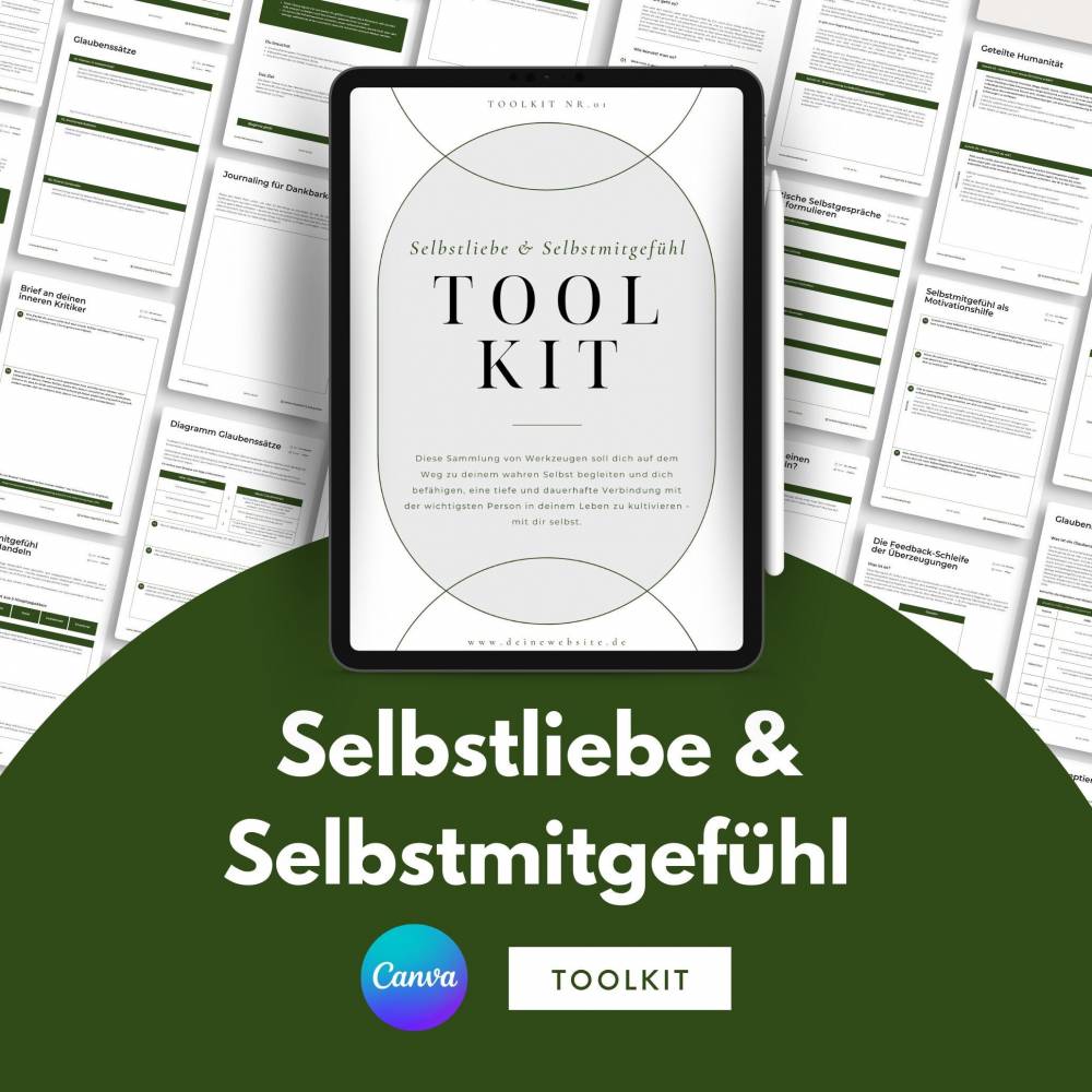 Selbstmitgefühl & Selbstliebe Canva Toolkit für Coaches, 35+ Übungsblätter individuell anpassbar, Werkzeugkiste zum Them Bild 1