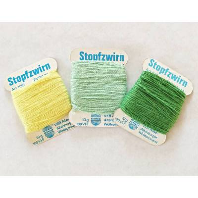Vintage DDR farbiger Stopfzwirn VEB Alwo Altenburger Wollspinnerei, Retro Stopfgarn gelb mint grün