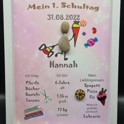 Liebevoll handgefertigtes Steinbild als Geschenk für das Schulkind (Mädchen) - Meilenstein - personalisiert - 3 Rahmenfa