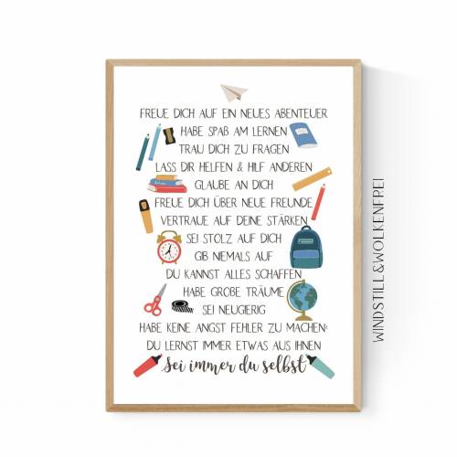 Geschenk zur Einschulung Schulanfang Wünsche Mutmacher Poster Kinderzimmer Druck Jungen Jungs Schulkind