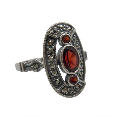 Exklusiver Silber Jugendstil Ring mit Granat und Markasiten – 925 Sterling, Handarbeit