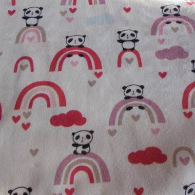 Reststück Stoff Baumwolljersey weiß Panda auf Regenbogen 80 x 140 cm