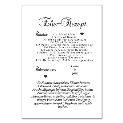 Poster Ehe Rezept zur Hochzeit Personalisiert mit Namen Geschenk Idee für Paare Hochzeitstag Din A4 