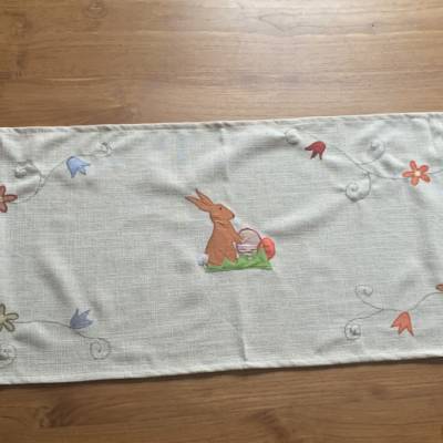 Tischläufer Tischdecke mit fröhlich-bunten Applikationen Ostern Frühling Osterhase Osterei Blumen Baumwolle 41 x136 cm