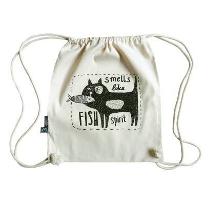 Turnbeutel, Bio Fairtrade Baumwolle, Smells like Fish Spirit. Siebdruck handbedruckt.