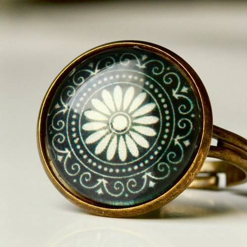 Ring Glascabochon Mandala Portugal im antik bronzefarbenen Vintage Style Portugiesische Fliese